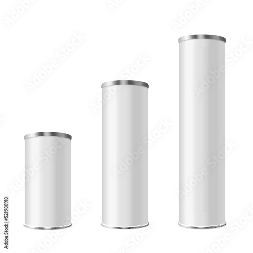 Cylindrical tubes of different sizes with lid, realistic 3d vector illustration isolated on white background.