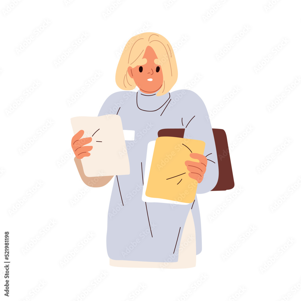 Upset person holding documents. Sad surprised employee reading business report. Office worker with official papers, bad information in hands. Flat vector illustration isolated on white background