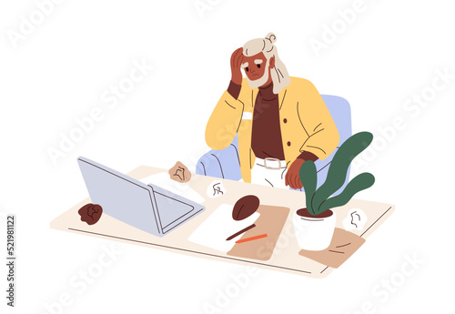 Work crisis, lack of ideas, burnout concept. Sad confused creative worker, crumpled papers at office desk. Frustrated employee at laptop. Flat graphic vector illustration isolated on white background
