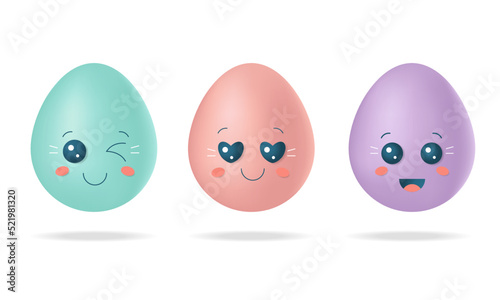Set of cute 3D Easter eggs with face emotions isolated on white background. Vector stock illustration.