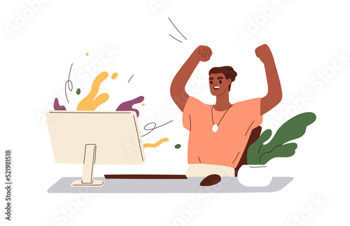 Success at work, victory in business concept. Happy employee at computer desk, rejoicing achieved goal. Successful office worker leader. Flat graphic vector illustration isolated on white background