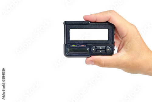 Hand with pager white background with an empty space for inscription.