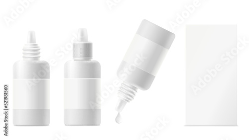 Eye drops blank bottles and box template realistic vector illustration isolated.