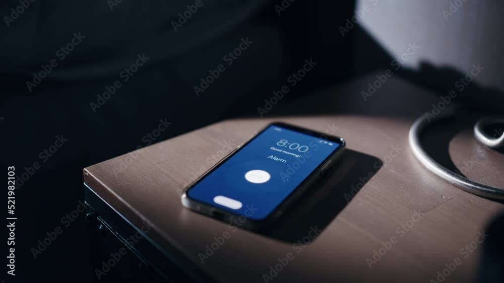 Smartphone Alarm Clock App Rings for Wake up, Screen Shows Smartphone Alarm Clock App Rings for Wake up, Screen Shows