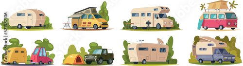 Camping vehicles. Outdoor travel cars for happy vacation time exact vector camping tourism adventure cartoon illustrations