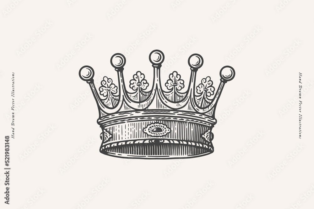 Graceful crown in engraving style. The symbol of the medieval king on a light isolated background. Vintage vector illustration. Graceful crown in engraving style. The symbol of the medieval king on a light isolated background. Vintage vector illustration.