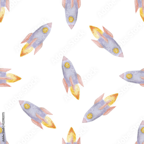 Rocket watercolor illustration. Seamless pattern.