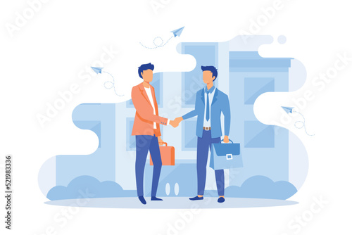 Business partnership relation concept idea with tiny people character. team working partner together template for web landing page, banner, presentation, mockup, social media. flat vector modern illus