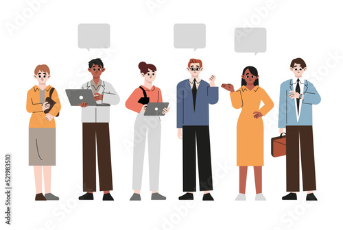 Business multinational team. Vector illustration of diverse cartoon men and women of various races, ages and body type in office outfits. Flat style vector design illustration