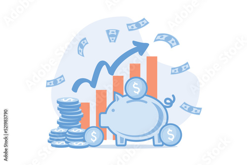 piggy bank in the form of a piglet on a white background, financial services, small bankers are engaged in work, saving or accumulating money, a coin box with falling vector flat illustration