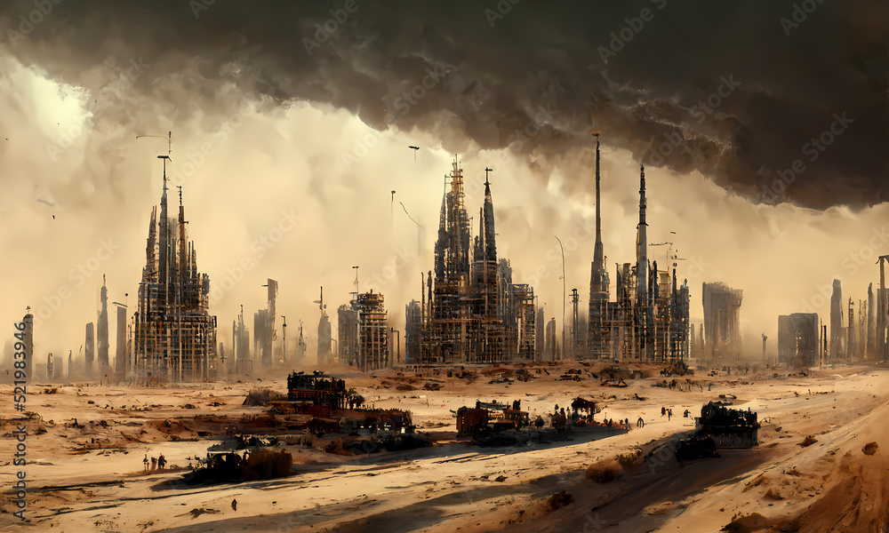 dark futuristic  cyber after apocalypse city in desert , digital art