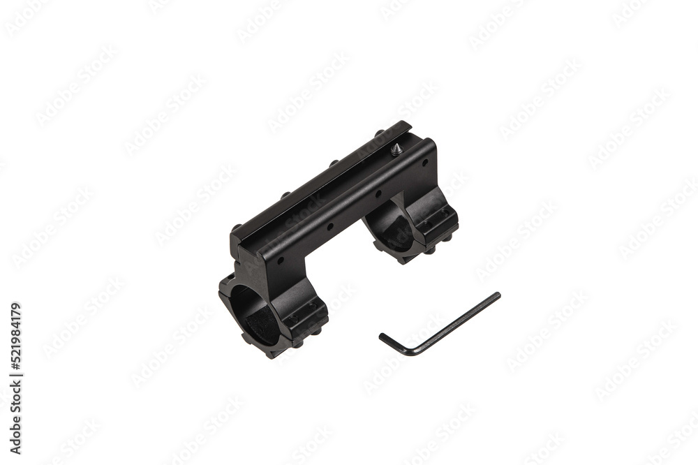 Quick disconnect mount made for holding a scope on a rifle isolated on white back. Quick Release Sniper Cantilever Scope Mount.