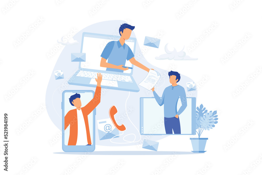 eamwork online, Business meeting successful teamwork concept. communicating via internet, collaborating, brainstorming, discussion idea flat vector modern illustration