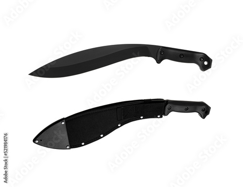 A large machete knife with a black curved blade. Modern edged weapons. Isolate on a white back.