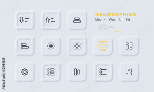 Apps menu set icon. Applications, arrows, order, alignment, bar, navigation, circle, square, pictogram, list, control, view, settings. Technology concept. Neomorphism. Vector line icon for Business