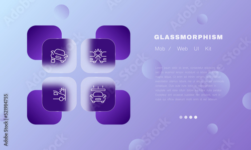Car accidents set icon. Wheel on border, collision, crash into wall, keep distance, falling of heavy object, explosion, drive. Road traffic concept. Glassmorphism style. Vector line icon for Business