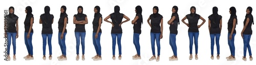 line of view of standing woman front, side and back view on white background