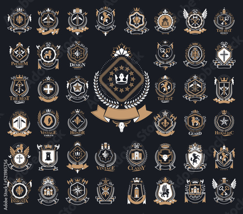 Classic style emblems big set, ancient heraldic symbols awards and labels collection, classical heraldry design elements, family or business emblems.