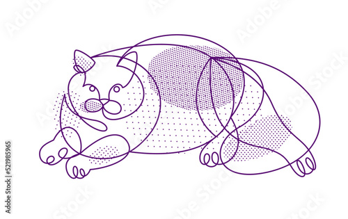 Fat and lazy cat line art vector illustration, linear drawing of pussycat relaxing, minimal outline sketch of cute domestic pet.