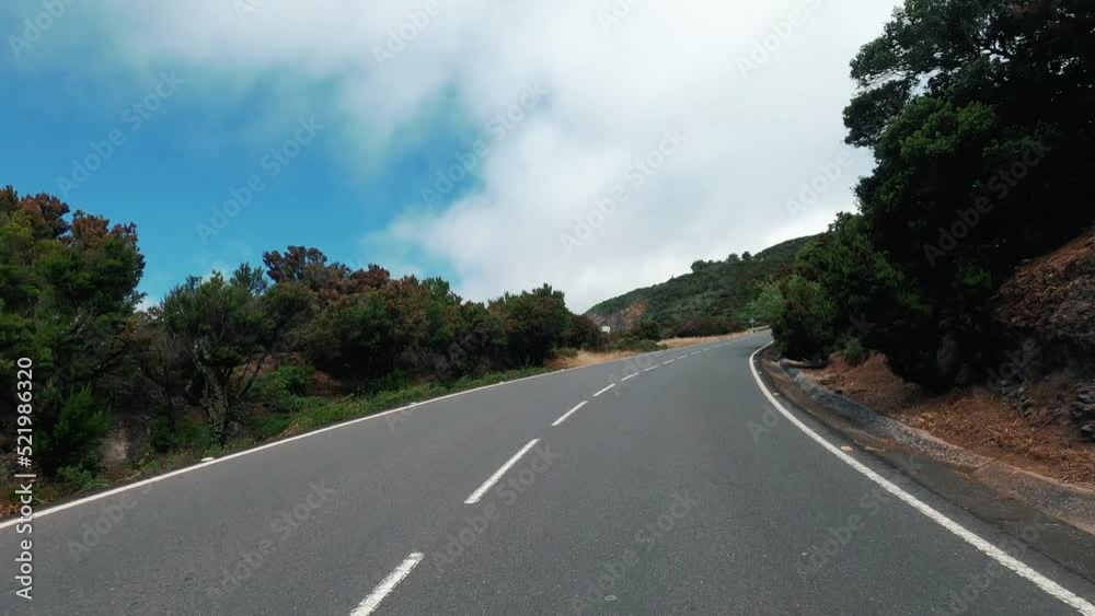 Long way road at the mountain with trees and sky in front to arrive at destination - ground point of view with black asphalt and white lines - driving and travel concept Long way road at the mountain with trees and sky in front to arrive at destination - ground point of view with black asphalt and white lines - driving and travel concept