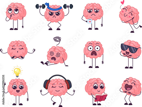 Funny clever brain. Concentration focus and intellectual health. Cartoon brains over-thinking and do exercise, surprised and think garish vector characters