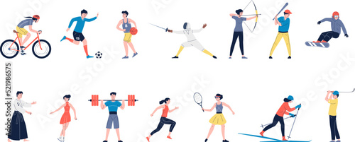 Sport workout characters. Isolated bicycle rider  runner and gymnastic people. Sporting women and men doing exercise. Athletic cardio training recent vector set