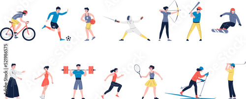 Sport workout characters. Isolated bicycle rider, runner and gymnastic people. Sporting women and men doing exercise. Athletic cardio training recent vector set