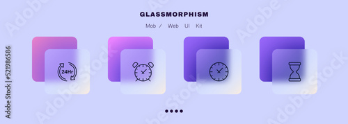Clocks set icon. 24, around the clock, measurement, alarm, watch, hourglass, keep track of time, timer, punctuality, timetable, schedule. Time management concept. Glassmorphism style. Vector line icon
