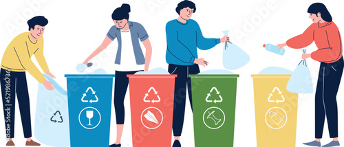 Person sorting garbage for recycle. Management waste in trash cans. Ecology recycling service concept, separated paper plastic glass in containers, recent vector scene
