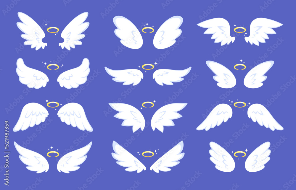 Cartoon angel wings. Drawing wing with halo, cute shining winged collection. Angels or birds, holy flying elements. Racy abstract nimbus vector set Cartoon angel wings. Drawing wing with halo, cute shining winged collection. Angels or birds, holy flying elements. Racy abstract nimbus vector set