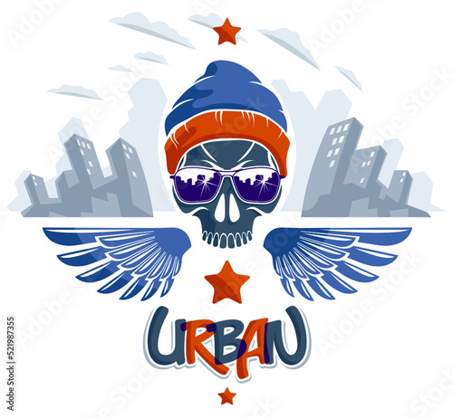 Skull in sunglasses and hat, urban theme vector logo or emblem, gangster or thug illustration, anarchy chaos hooligan, ghetto theme.