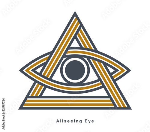 All seeing eye in triangle pyramid vector ancient symbol in modern linear style isolated on white, eye of god, masonic sign, secret knowledge illuminati.
