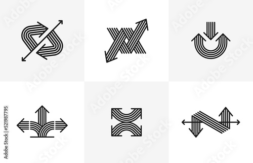 Concept arrows vector logos set isolated, double arrows symbol pictograms collection, stripy icon of arrow.