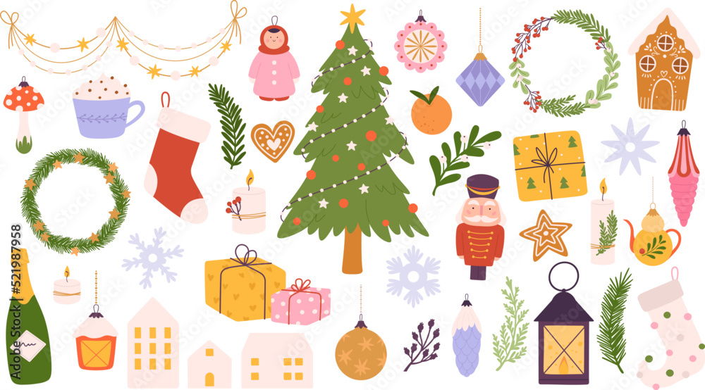 Cute doodle christmas decorations, nutcracker toy, sweets and xmas tree. Festive wreath with berry, celebrations vintage decor. Racy new year vector collection Cute doodle christmas decorations, nutcracker toy, sweets and xmas tree. Festive wreath with berry, celebrations vintage decor. Racy new year vector collection