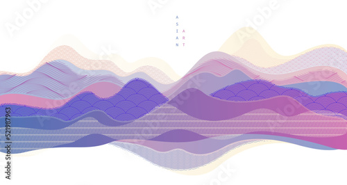 Abstract oriental Japanese art vector background, traditional style design, wavy shapes and mountains terrain landscape, runny like sea lines.