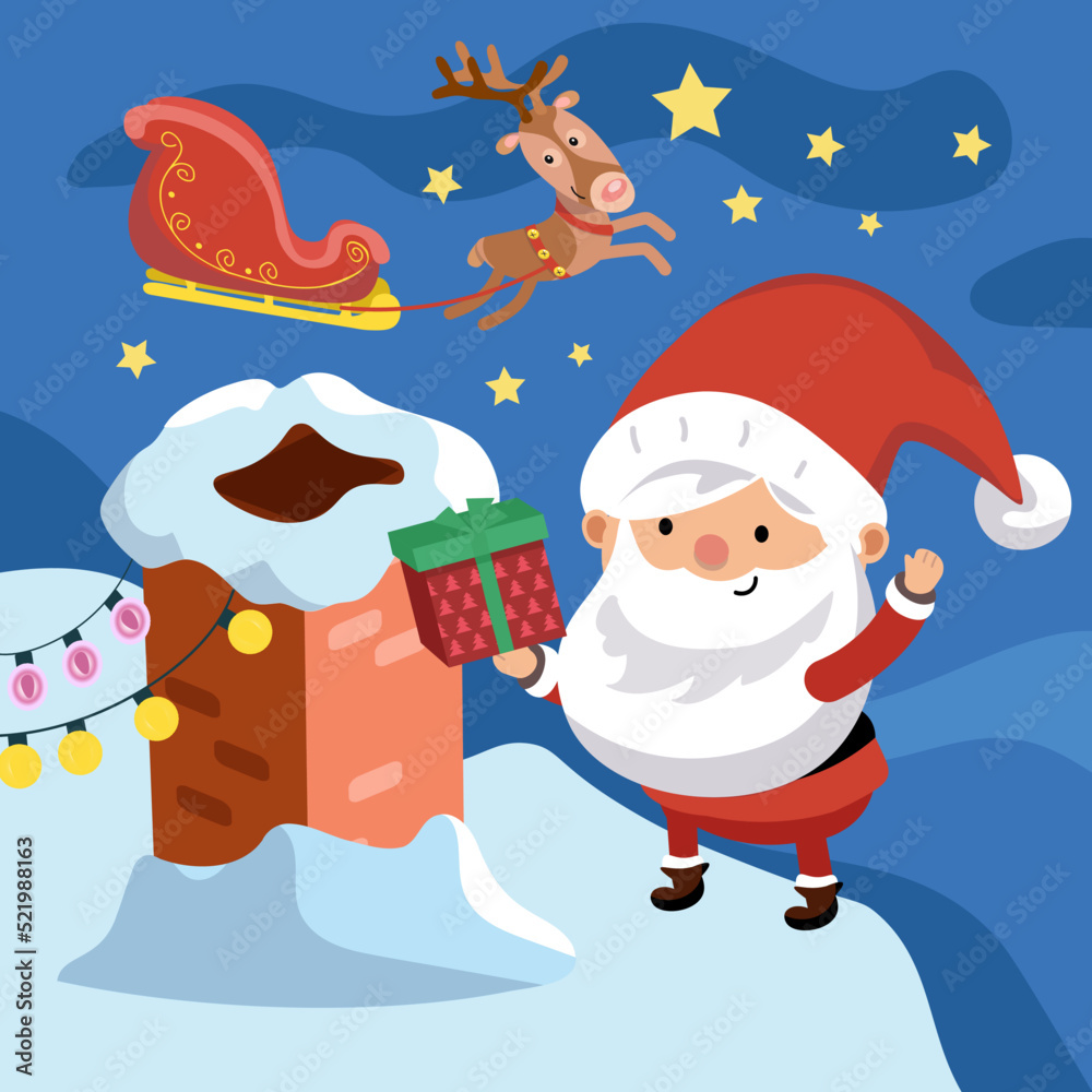 Fototapeta premium Cute Santa Claus with gift near brick chimney on roof on Christmas night. Character on bright background. Single composition, scene in cartoon style. Vector illustration.