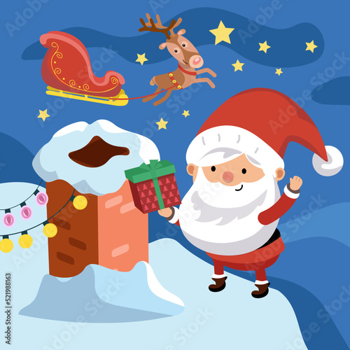Cute Santa Claus with gift near brick chimney on roof on Christmas night. Character on bright background. Single composition, scene in cartoon style. Vector illustration.