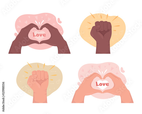 Love and support 2D vector isolated illustration set. Flat hand gestures on cartoon background. Colourful editable scene for mobile, website, presentation collection. Nerko One Regular font used