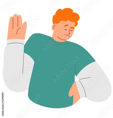 Sceptic refusing with hand, palm gesture, saying no, stopping smth. Skeptical person rejecting in distrust. Rejection and refusal, mute sign. Flat illustration isolated on white background