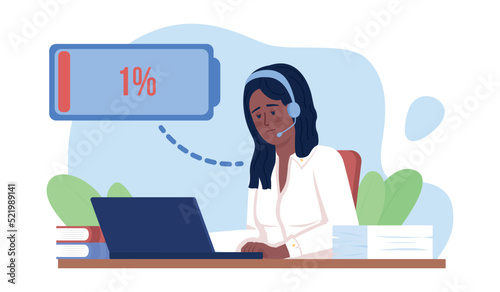 Call center operator with burnout 2D vector isolated illustration. Tired flat character on cartoon background. Colourful editable scene for mobile, website, presentation. Pacifico Regular font used