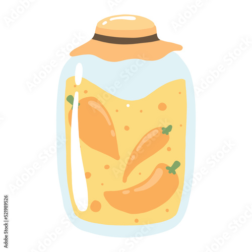 Pickles with peppers. A jar of canned peppers. Homemade pickles. Vector illustration.