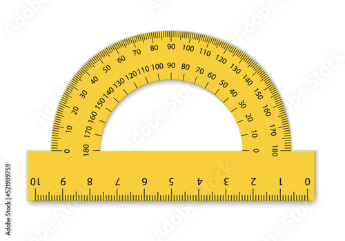 Mockup plastic protractor ruler.  Measuring tool with ruler scale. School measuring equipment.