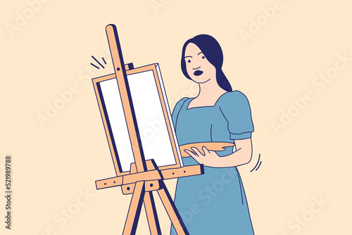 Illustrations of Beautiful Young woman artist holding a palette in painting studio