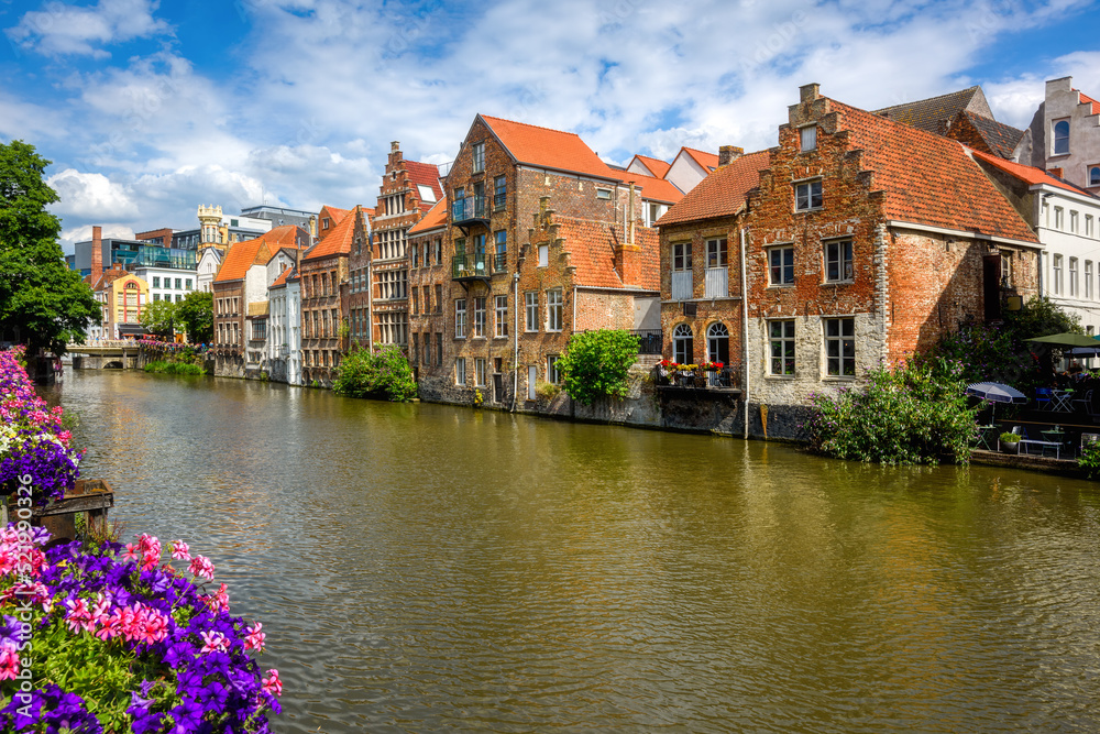 Historic houses on Leie river quay in Ghent city, Belgium