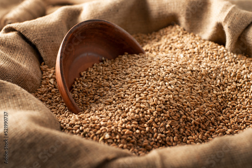 Burlap sack with wheat grains and clay bowl