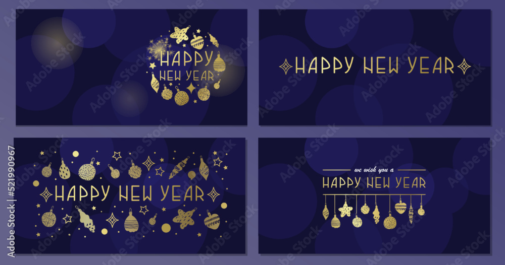 Set with 4 Happy new year banners for decorating cards, web pages, party invitations. Gold and bright quote on deep blue background. Golden Christmas Holiday greeting card design. Vector illustration.