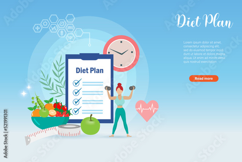 Diet plan check list and weight control. Active woman exercising on dumbbell with healthy foods. Balancing appropriated nutrition and exercising for healthy body.