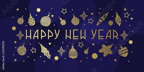 Happy new year banner for decorating cards, web pages, party invitations. Gold and bright quote on deep blue background. Golden Christmas decoration, Holiday greeting card design. Vector illustration.