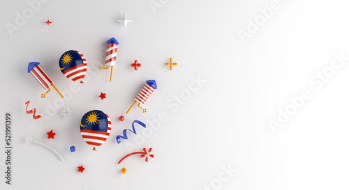 Malaysia independence day decoration background with balloon firework rocket  confetti  copy space text  3D rendering illustration