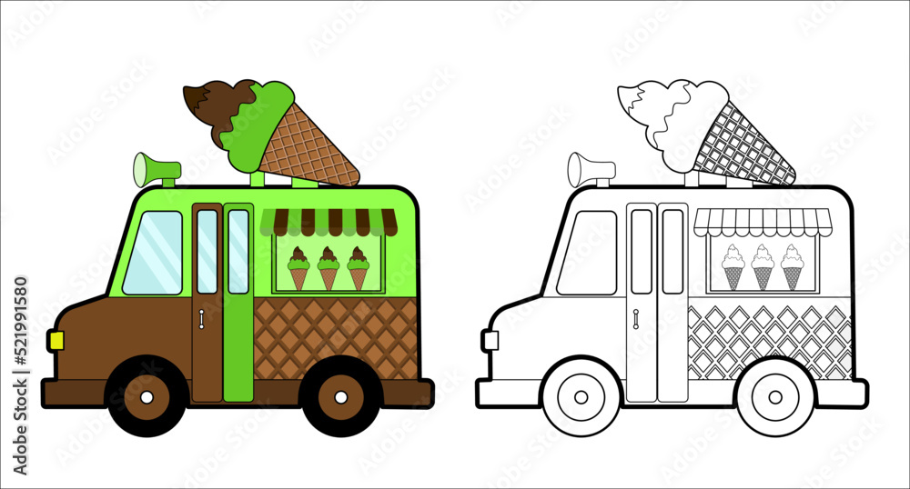 Coloring book. Cartoon fastfood car with a big ice cream for kids